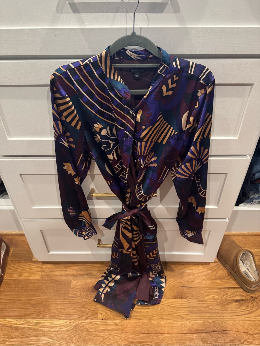 Ann Taylor Abstract Print Long-Sleeve Shirt Dress - Purple & Gold